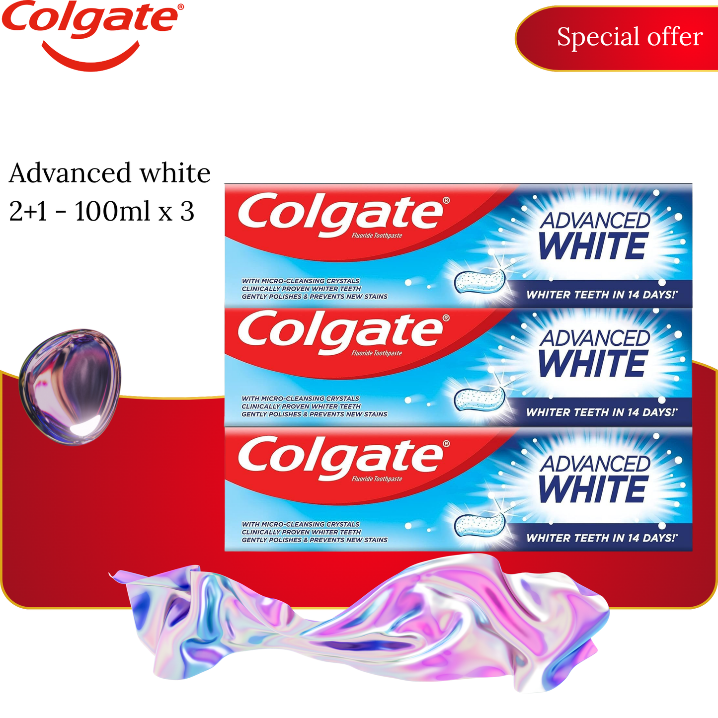Dentifrice - COLGATE - Advanced White - 100 ml - Pack 2+1 - Éclat et blancheur
