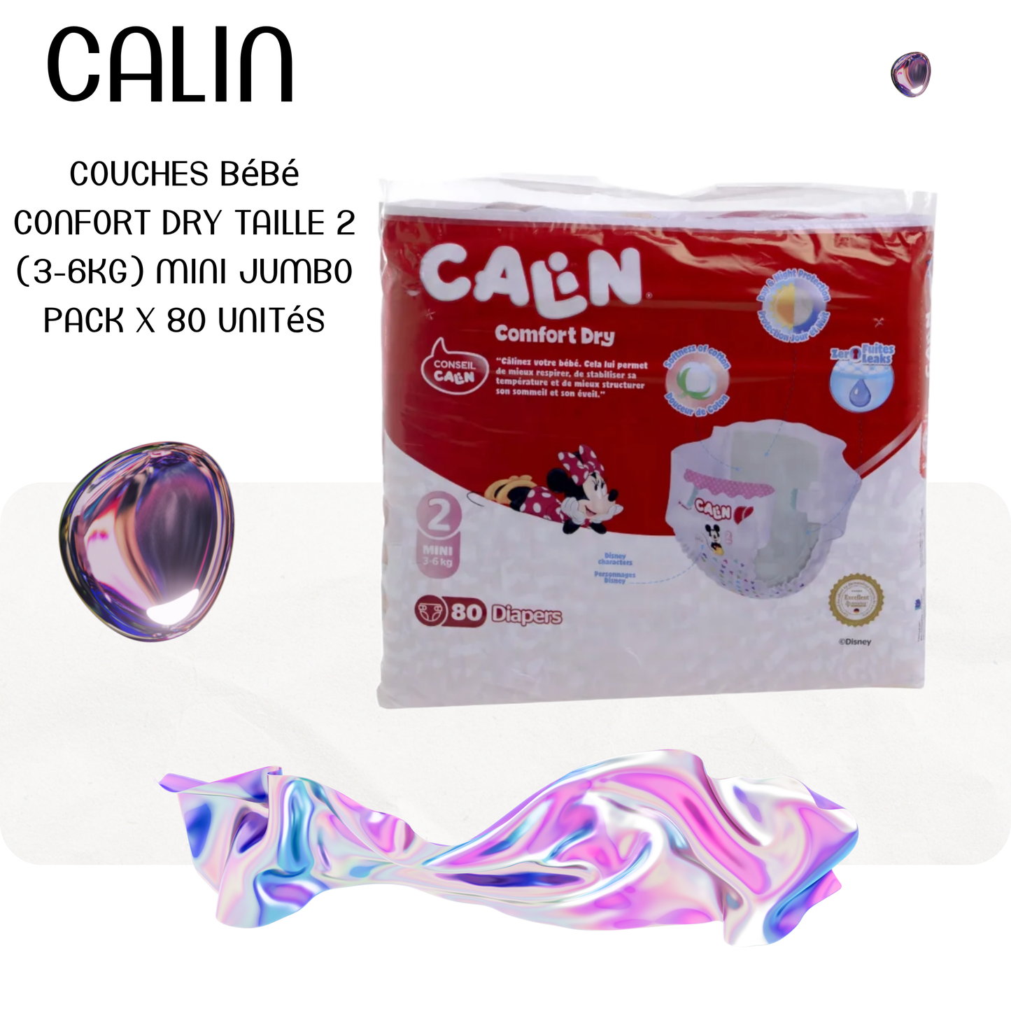 Couches bébé confort dry taille 2 (3-6Kg) mini Jumbo Pack x 80 unités - CALIN