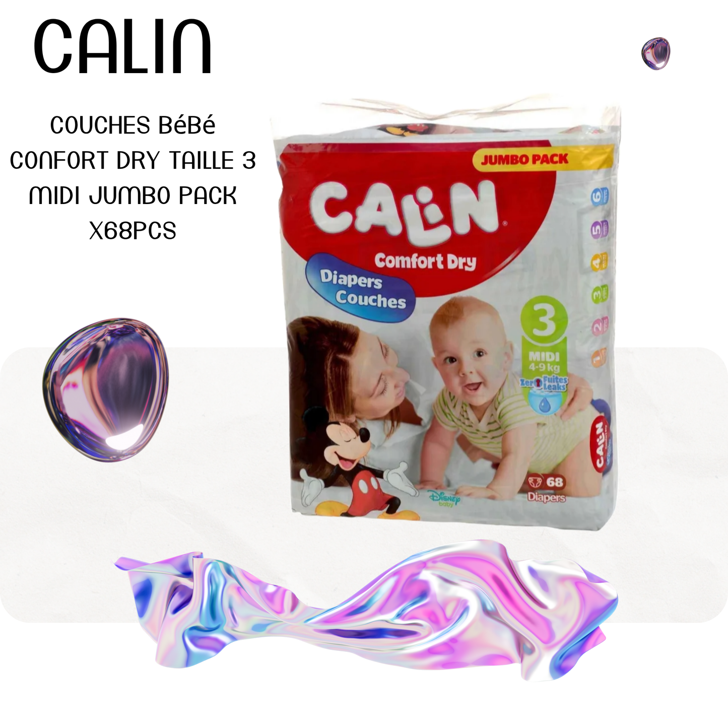 Couches bébé confort dry taille 3 midi Jumbo Pack x68pcs - CALIN