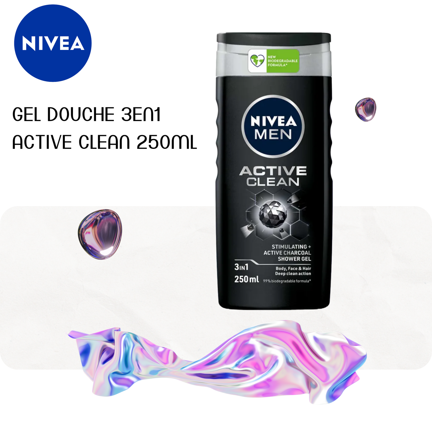 Gel douche 3en1 Active Clean 250ml - NIVEA MEN
