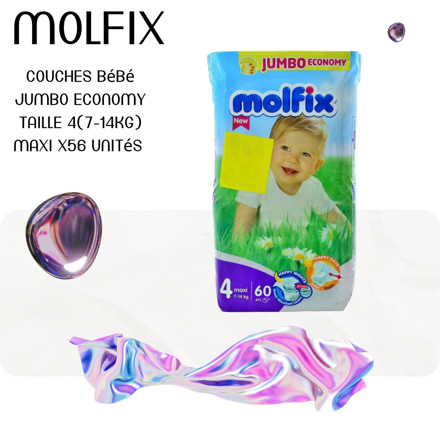 Couches bébé jumbo economy taille 4(7-14Kg) maxi x56 unités - MOLFIX