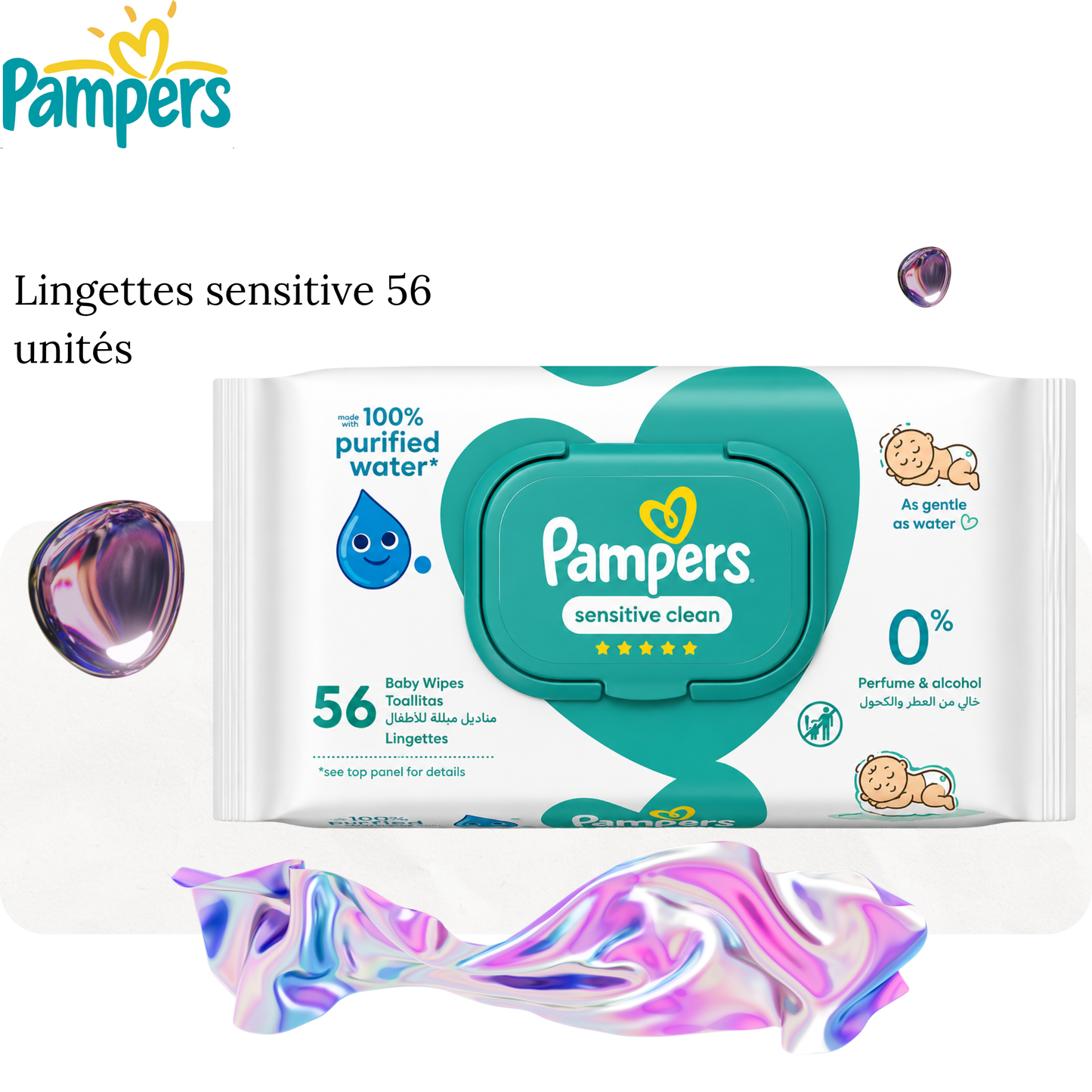 Lingettes Bébé - PAMPERS - Sensitive - 56 unités - Eau Purifiée - Hypoallergénique