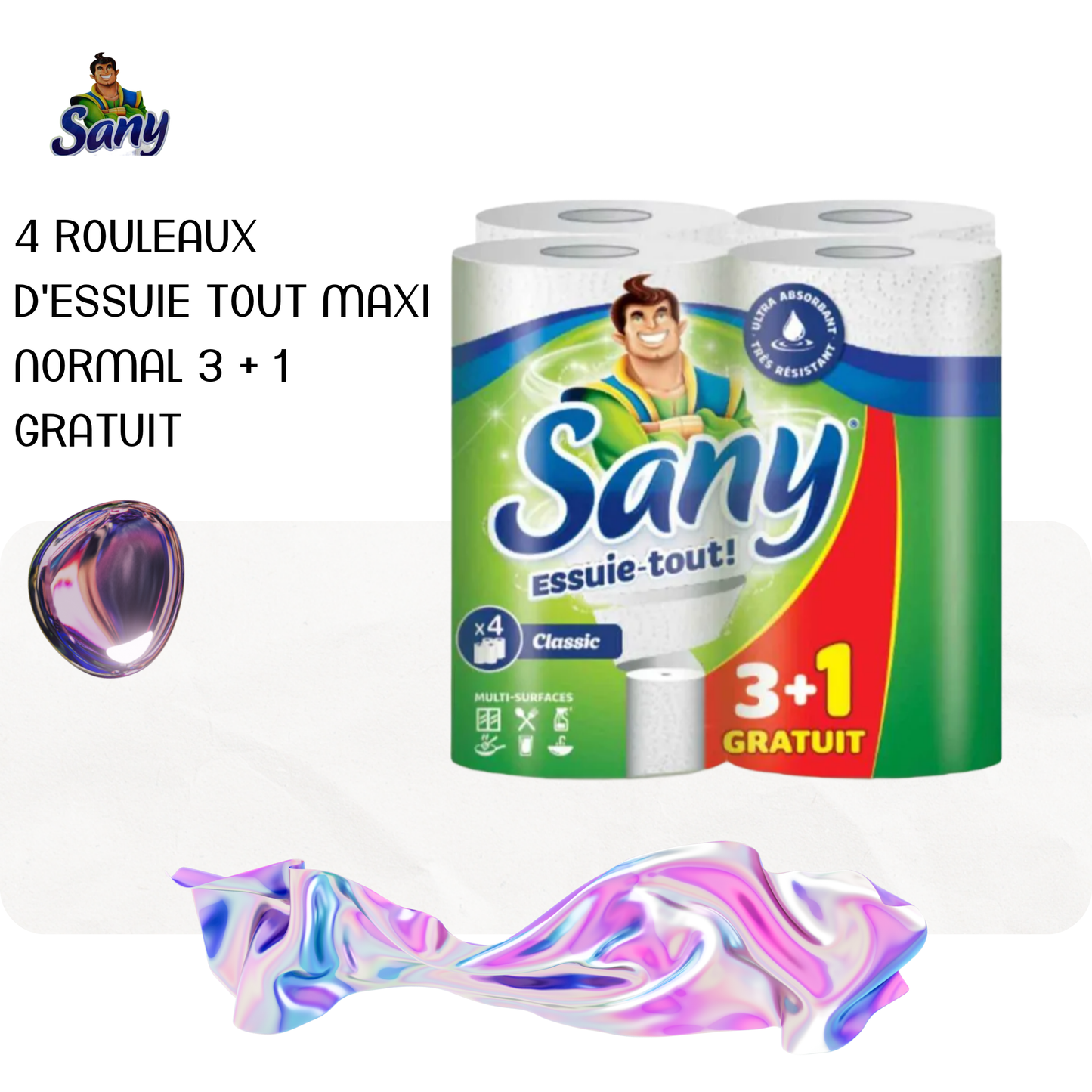 4 rouleaux d'essuie tout maxi normal 3 + 1 gratuit - SANY
