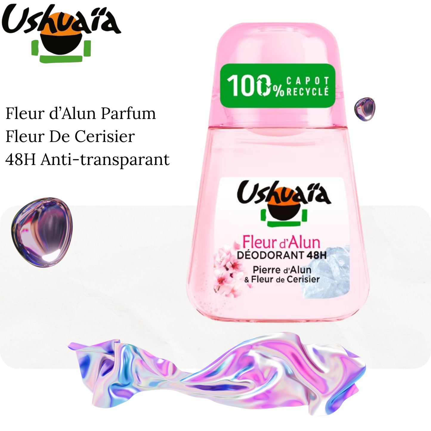 Ushuaïa – Déodorant Femme Bille Fleur d’Alun Parfum Fleur De Cerisier Efficacité 48h – 50 m