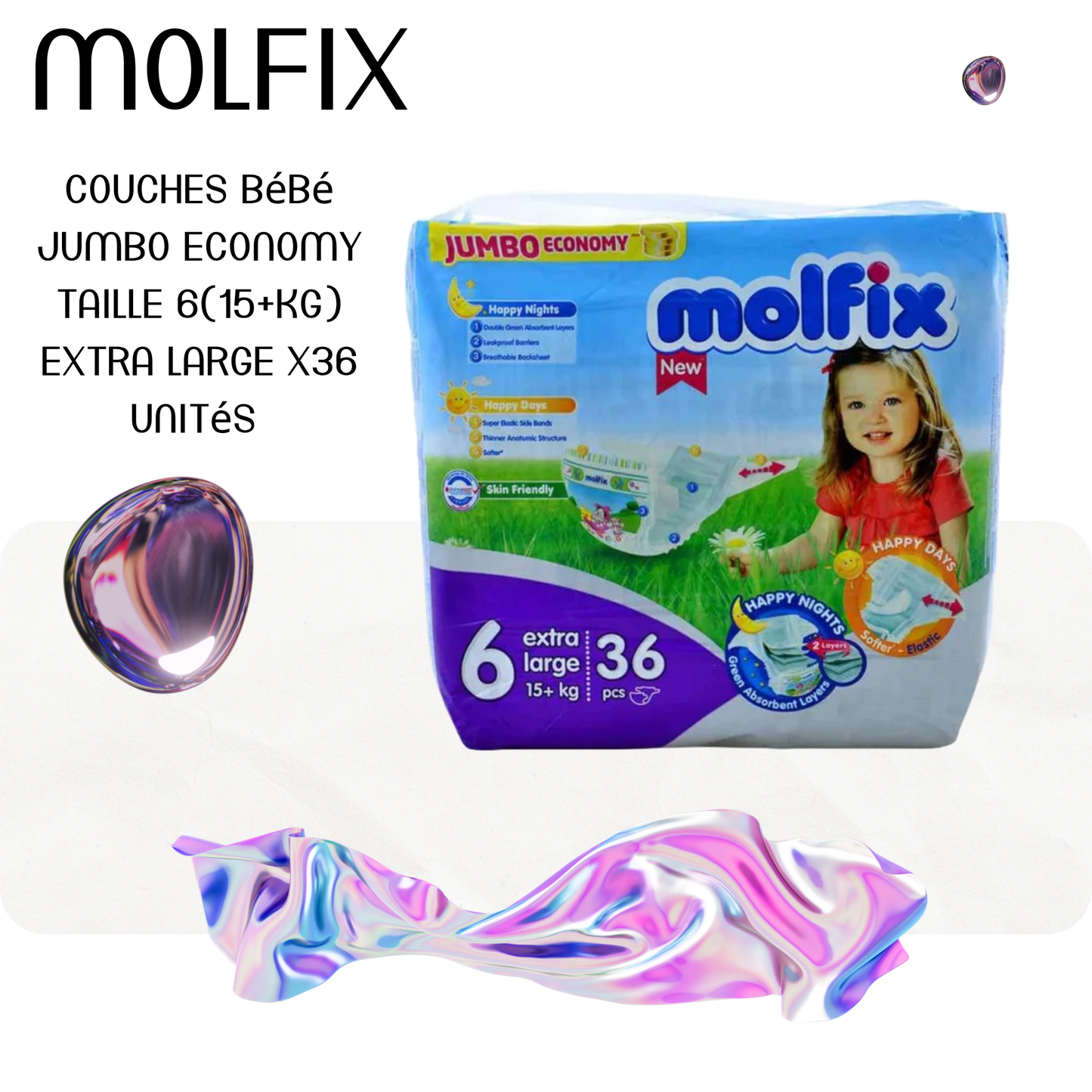 Couches bébé jumbo economy taille 6(15+kg) extra large x34 unités - MOLFIX