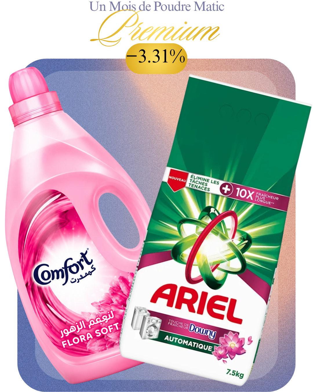 Lessive poudre Ariel Downy 7.5kg  Adoucissant 3L Comfort - Un Mois de Poudre Matic Premium