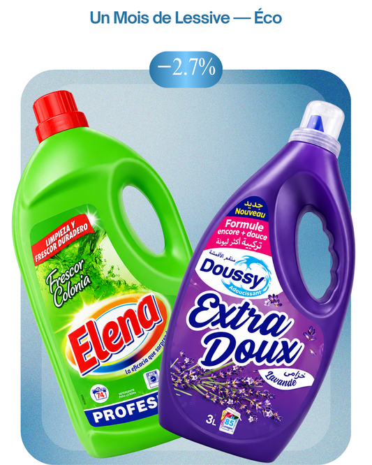 Lessive liquide 5L Elena + Adoucissant 3L Doussy Lavande - Un Mois de Lessive — Éco