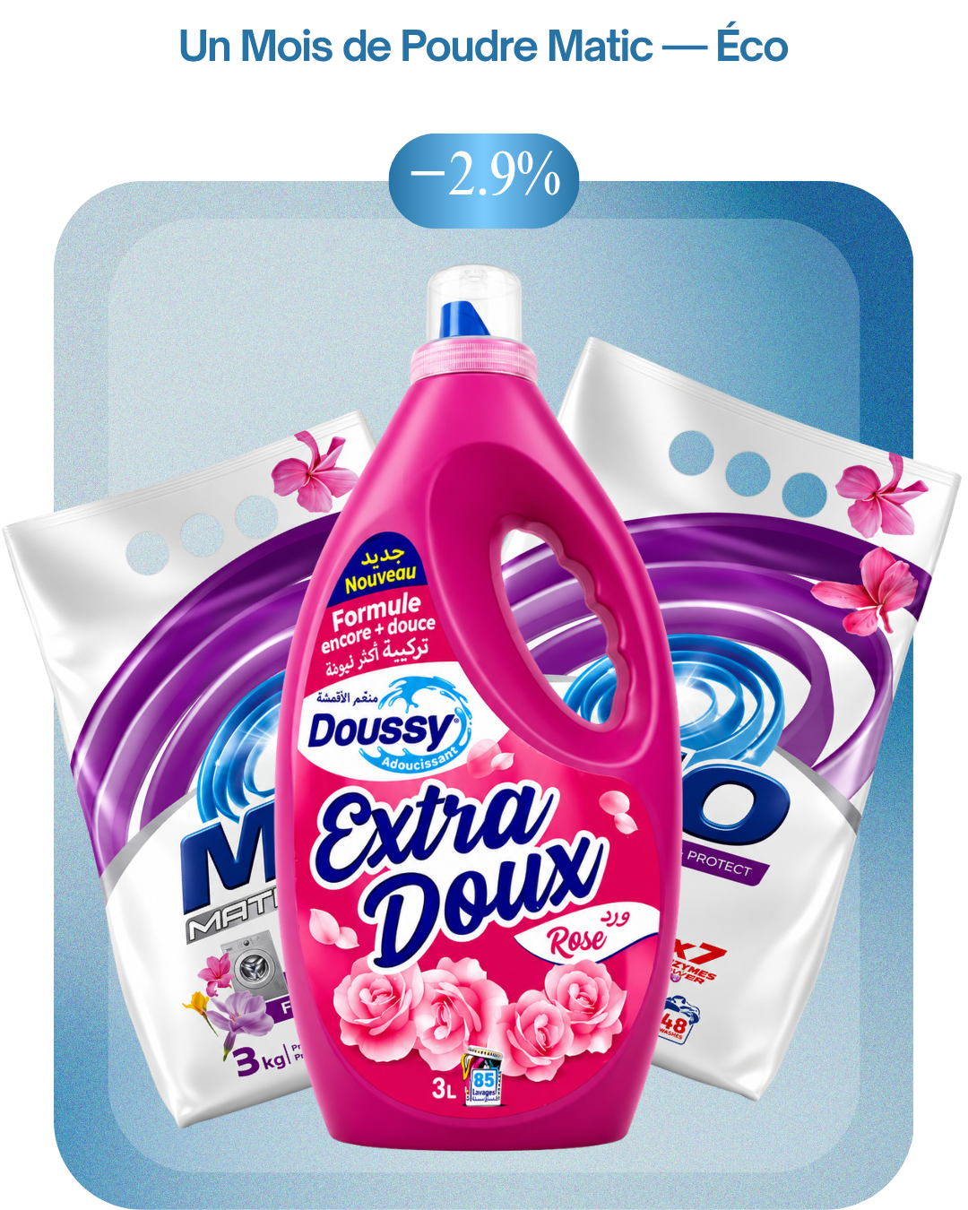 Lessive poudre Matic Floral 6kg Mio + Adoucissant 3L Doussy — Un Mois de Poudre Matic — Éco