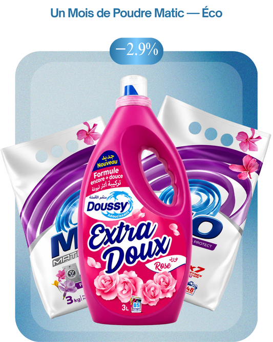 Lessive poudre Matic Floral 6kg Mio + Adoucissant 3L Doussy — Un Mois de Poudre Matic — Éco