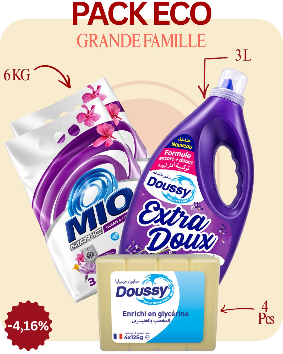 Mio Matic Floral 6kg + Doussy Adoucissant 3l + 4 Savon Doussy - Pack Eco GRANDE FAMILLE