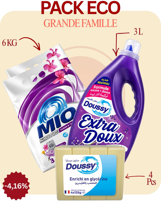Mio Matic Floral 6kg + Doussy Adoucissant 3l + 4 Savon Doussy - Pack Eco GRANDE FAMILLE