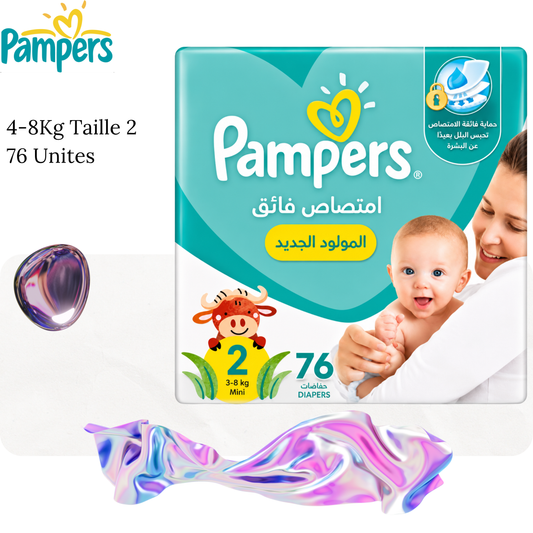 Couches Bébé 4-8Kg Taille 2 ultra absorbantes Mainline x76 unités - PAMPERS