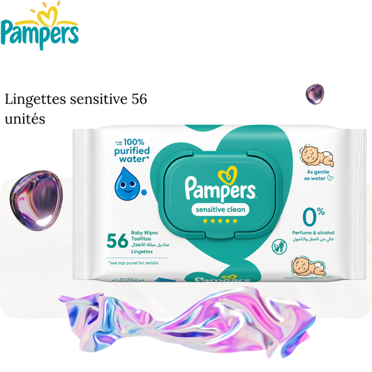 Lingettes Bébé - PAMPERS - Sensitive - 56 unités - Eau Purifiée - Hypoallergénique